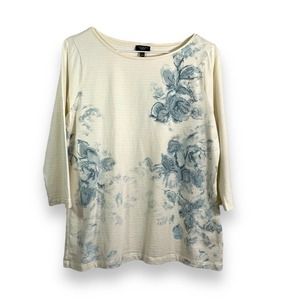 Talbots Petite L Women Off White Shirt 3/4 sleeves Blue Flowers tshirt